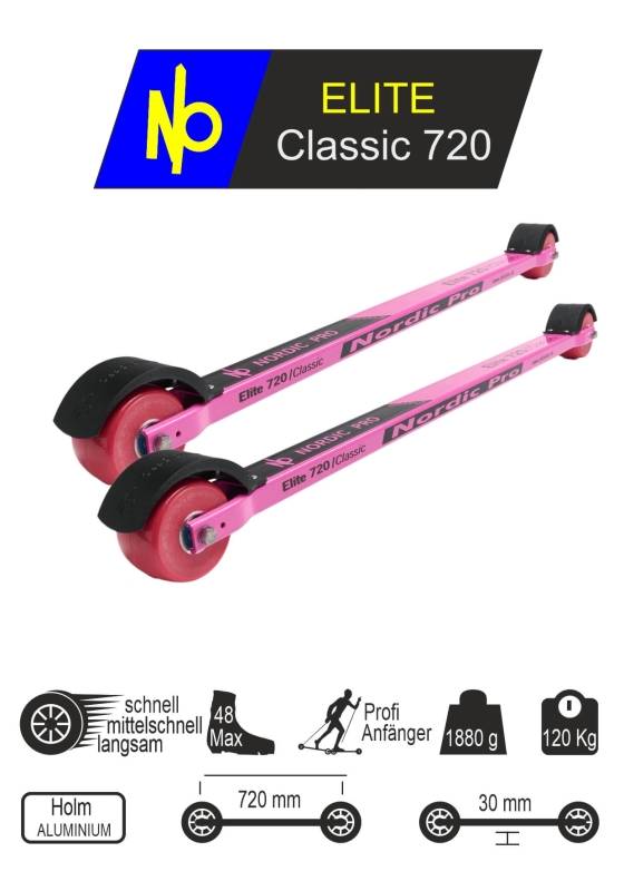 Preview: Bild,Skiroller der besteht aus einem blauen Aluminium Holm, gelber Beschriftung, zwei Rädern aus Gummi mit Aluminium Felge und zwei Spritzschutzteile aus Kunststoff in der Farbe Gelb / abgebildet ist ein Paar Skiroller.