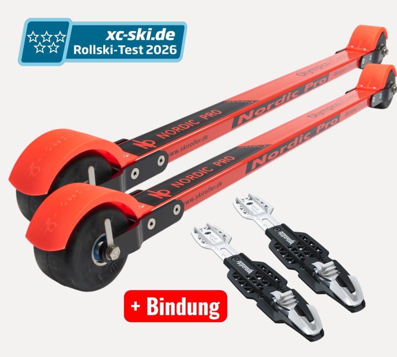 Bild,  Skiroller der besteht aus einem roten Aluminium Holm, eloxierten Gabeln, zwei Rädern aus Gummi und zwei Spritzschutzteile aus Kunststoff in der Farbe rot, / paar Skiroller