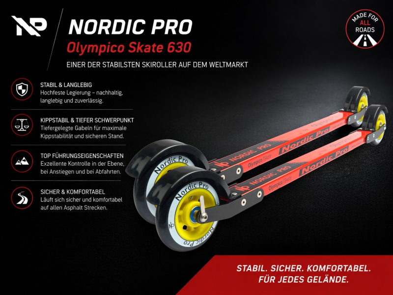 Preview: Bild,  Skiroller der besteht aus einem roten Aluminium Holm, eloxierten Gabeln, zwei Rädern aus Gummi mit gelber Kunststofffelge und zwei Spritzschutzteile aus Kunststoff in der Farbe schwarz, / paar Skiroller