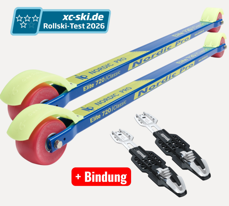 Bild,Skiroller der besteht aus einem blauen Aluminium Holm, gelber Beschriftung, zwei Rädern aus Gummi mit Aluminium Felge und zwei Spritzschutzteile aus Kunststoff in der Farbe Gelb / abgebildet ist ein Paar Skiroller.