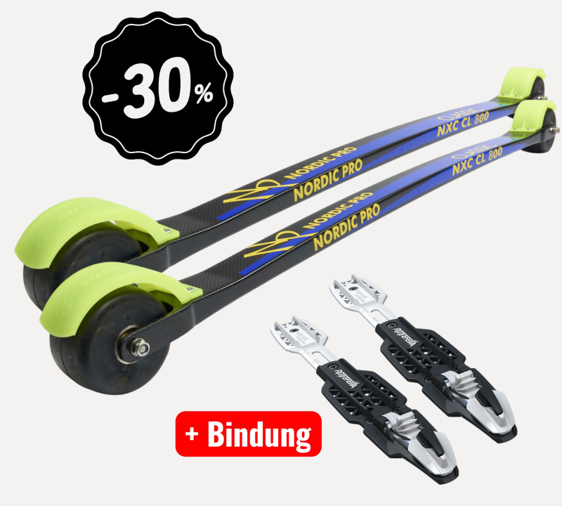 Bild,  Skiroller der besteht aus einem Carbon Holm und zwei Rädern aus voll Gummi Räder, der Holm ist schwarz mit blau und gelber Beschriftung , zwei schwarzen Spritzschutzteile aus Kunststoff