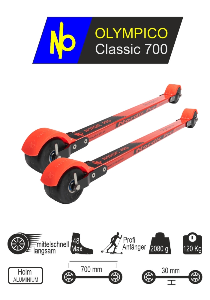 Bild,  Skiroller der besteht aus einem roten Aluminium Holm, eloxierten Gabeln, zwei Rädern aus Gummi und zwei Spritzschutzteile aus Kunststoff in der Farbe rot, / paar Skiroller, icon Rollengeschwindigkeit, icon Schuhgröße, icon Gewicht pro paar, icon Ge