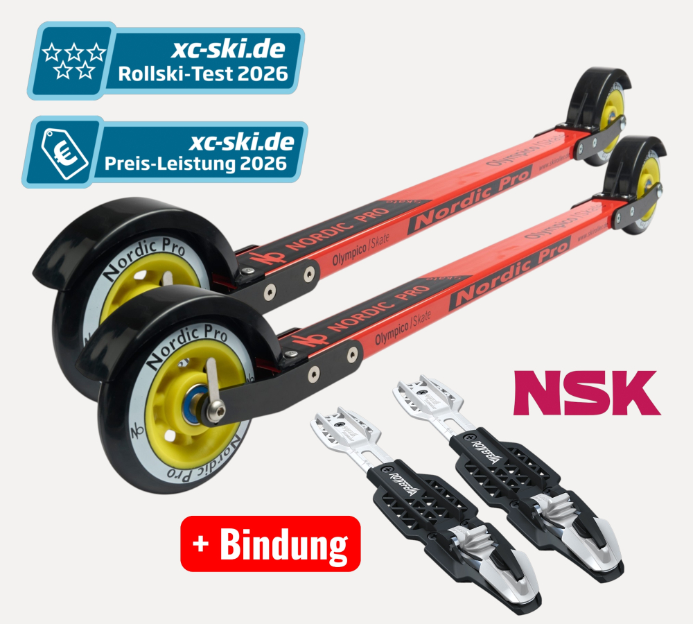 Bild,  Skiroller der besteht aus einem roten Aluminium Holm, eloxierten Gabeln, zwei Rädern aus Gummi mit gelber Kunststofffelge und zwei Spritzschutzteile aus Kunststoff in der Farbe schwarz, / paar Skiroller
