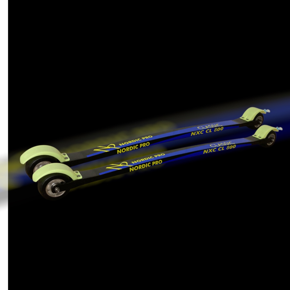 Bild,  Skiroller der bestolm ist schwarzeht aus einem Carbon Holm und zwei Rädern aus voll Gummi Räder, der H mit blau und gelber Beschriftung , zwei schwarzen Spritzschutzteile aus Kunststoff, icon Rollengeschwindigkeit, icon Schuhgröße, icon Gewicht pro