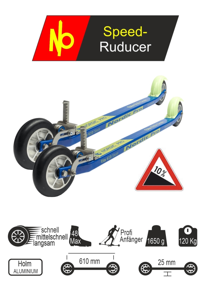 Bild,Skiroller der besteht aus einem pinken tiefergelegtem Aluminium Holm , schwarzer Beschriftung, zwei Rädern aus Gummi mit Aluminium Felge und zwei Spritzschutzteile aus Kunststoff in der Farbe Gelb / abgebildet ist ein Paar Skiroller.